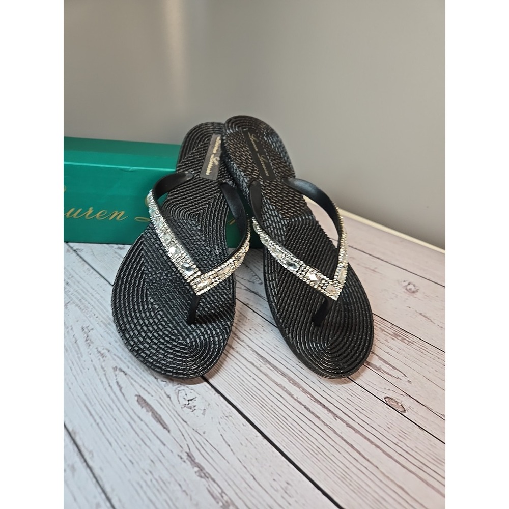 Lauren Lorraine Gigi Sandals Womens Size 6 Black Rhinestone Jeweled Flip Flops